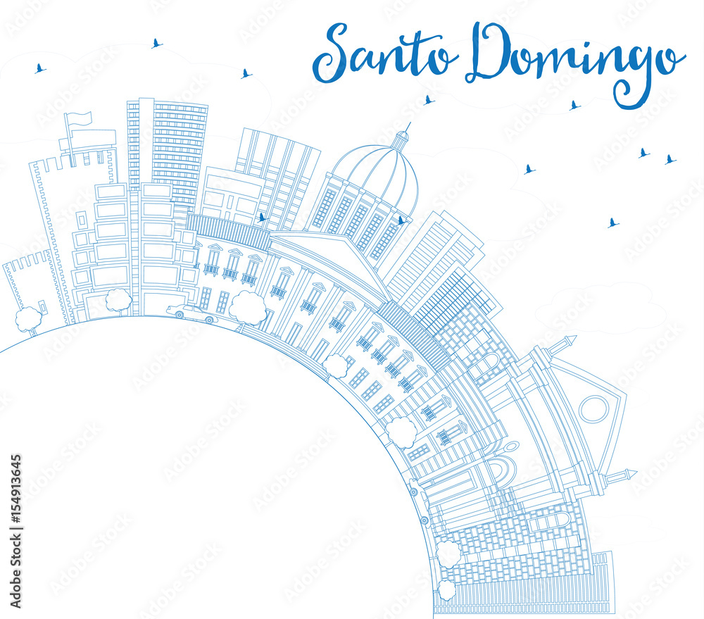 Outline Santo Domingo Skyline with Blue Buildings and Copy Space.