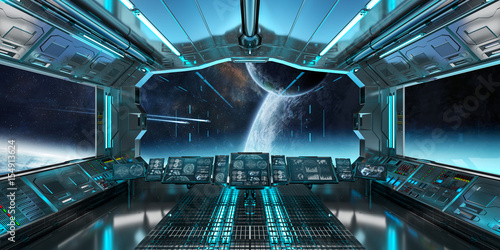 Fototapeta Naklejka Na Ścianę i Meble -  Spaceship interior with view on distant planets system 3D rendering elements of this image furnished by NASA