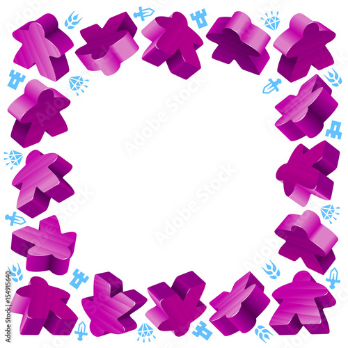 Square frame of purple meeples for board games. Game pieces and resources counter icons isolated on white background. Vector border for design boardgames advertisement