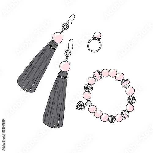 Women jewelry earrings, ring and bracelet with pearls.