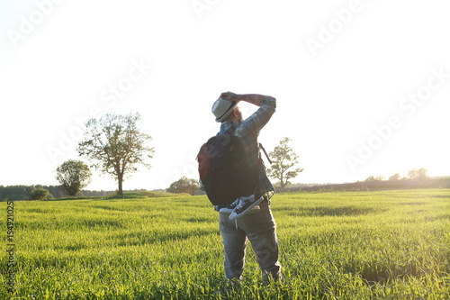 Man in casual clothes is a traveler in the open spaces