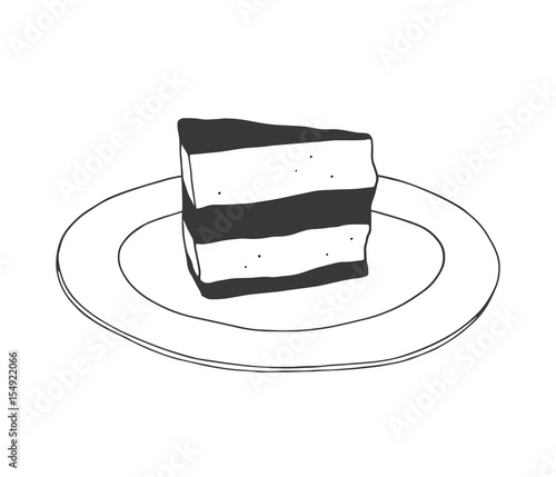 Cartoon piece of cake on the plate. Hand drawn dessert illustration on the white background