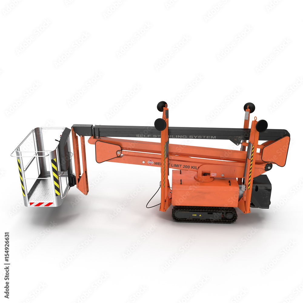Mobile aerial work platform - Orange scissor hydraulic self propelled lift on a white . Side view. 3D illustration
