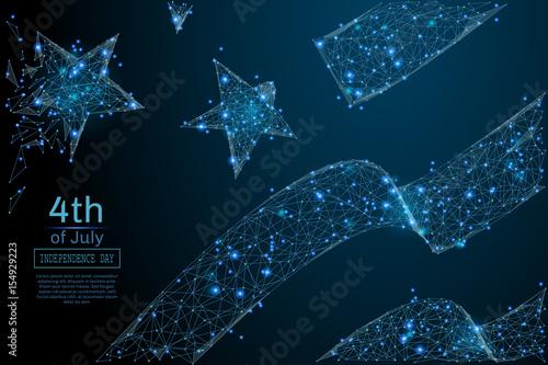 Polygonal US Independence Day. Business concept. Vector mesh spheres from flying debris. Thin line concept Happy 4th of July . Blue structure style illustration