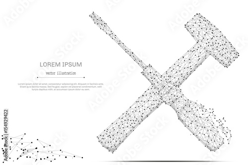 Abstract mash line and point Screwdriver and hammer on white background with an inscription. Starry sky or space, consisting of stars and the universe. Vector business illustration
