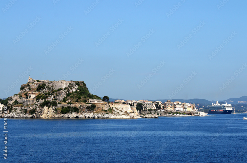 old Corfu fortress and cruiser ship summer season