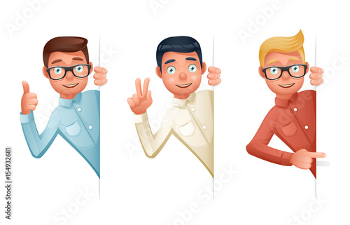 Pointing Finger Support Help Looking Out Corner Idea 3d Cartoon Businessman Characters Set Icon Solution Symbol Retro Vintage Design Isolated Vector Illustration
