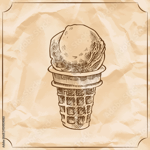 Retro delicious ice cream cone. Vector hand drawn illustration.