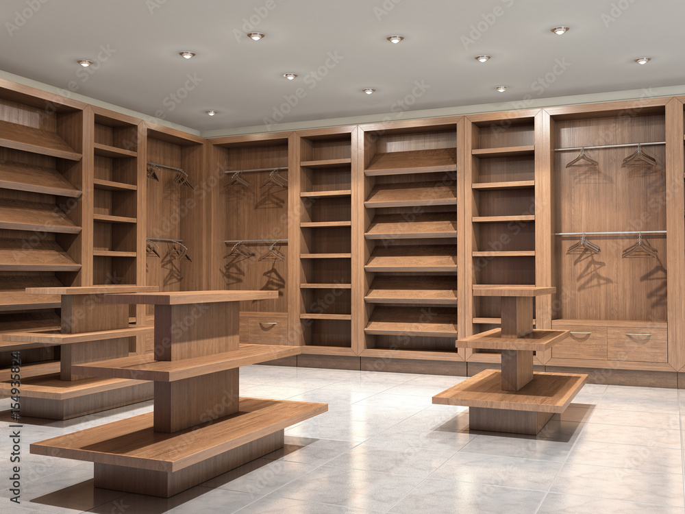 shop with empty wooden shelves, 3d illustration