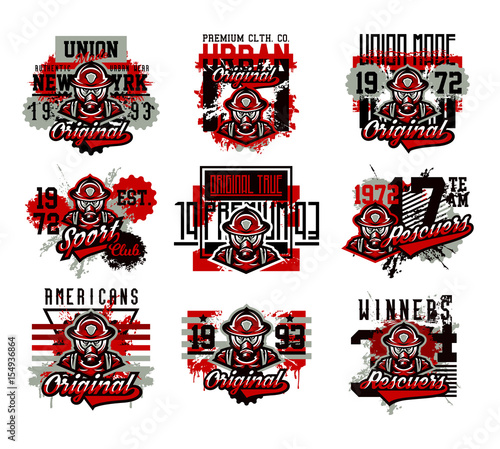 A set of vector illustration on the theme of fire, rescue squad, dangerous work. Grunge effect, text, lettering. Typography, T-shirt graphics, print, banner, poster, flyer