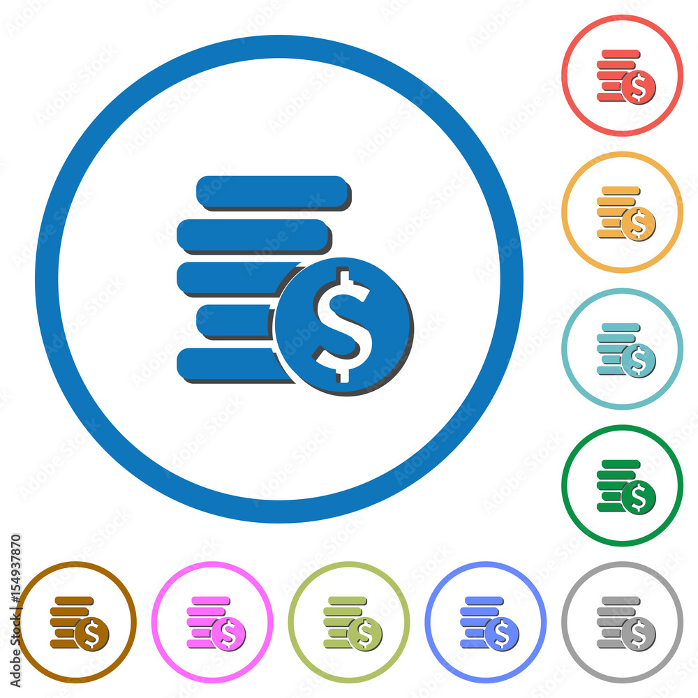 Dollar coins icons with shadows and outlines Dollar coins icons with shadows and outlines