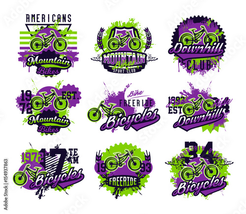 Collection of vector illustration on the theme of mountain biking, extreme sports, downhill, freeride. Grunge effect, text, lettering. Typography, T-shirt graphics, print, banner, poster, flyer.