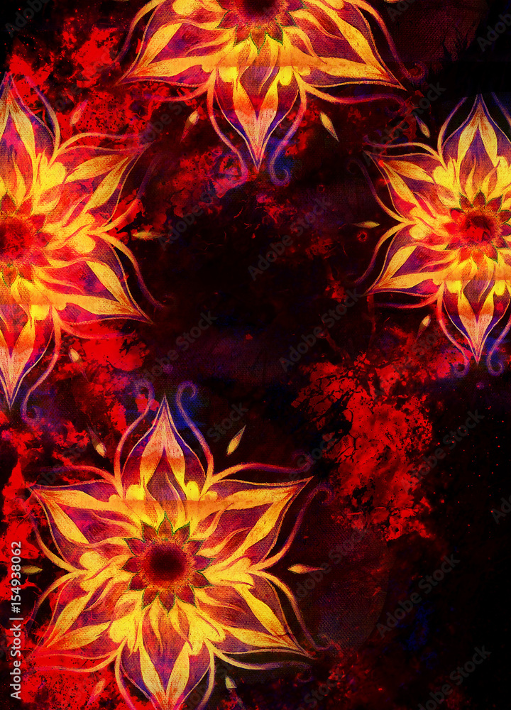 floral ornamental structure with filigrane pattern mandala on abstract background. Fire Effect