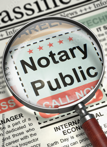 Billede på lærred Magnifying Glass Over Newspaper with Searching Job of Notary Public