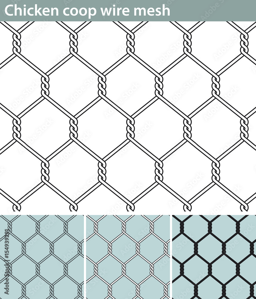 Naklejka premium Chicken wire, new. Three different versions of a seamless pattern with a wire mesh for chicken coops: unfilled, with white filling and in silhouette.