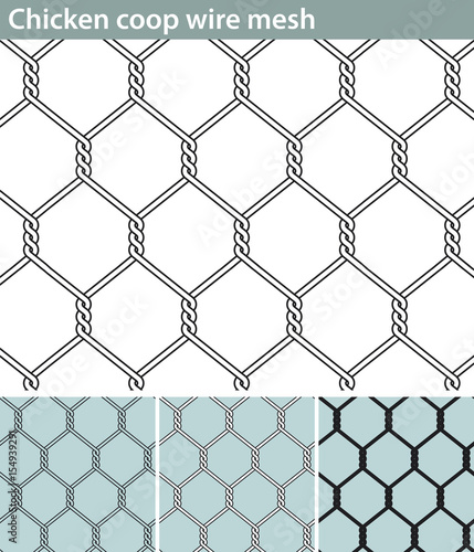 Chicken wire, new. Three different versions of a seamless pattern with a wire mesh for chicken coops: unfilled, with white filling and in silhouette.