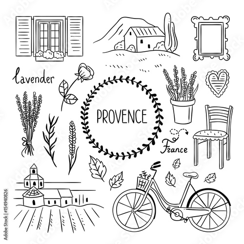 Provence hand drawn illustration. French village elements. Lavender, bicycle, furniture and landscapes photo