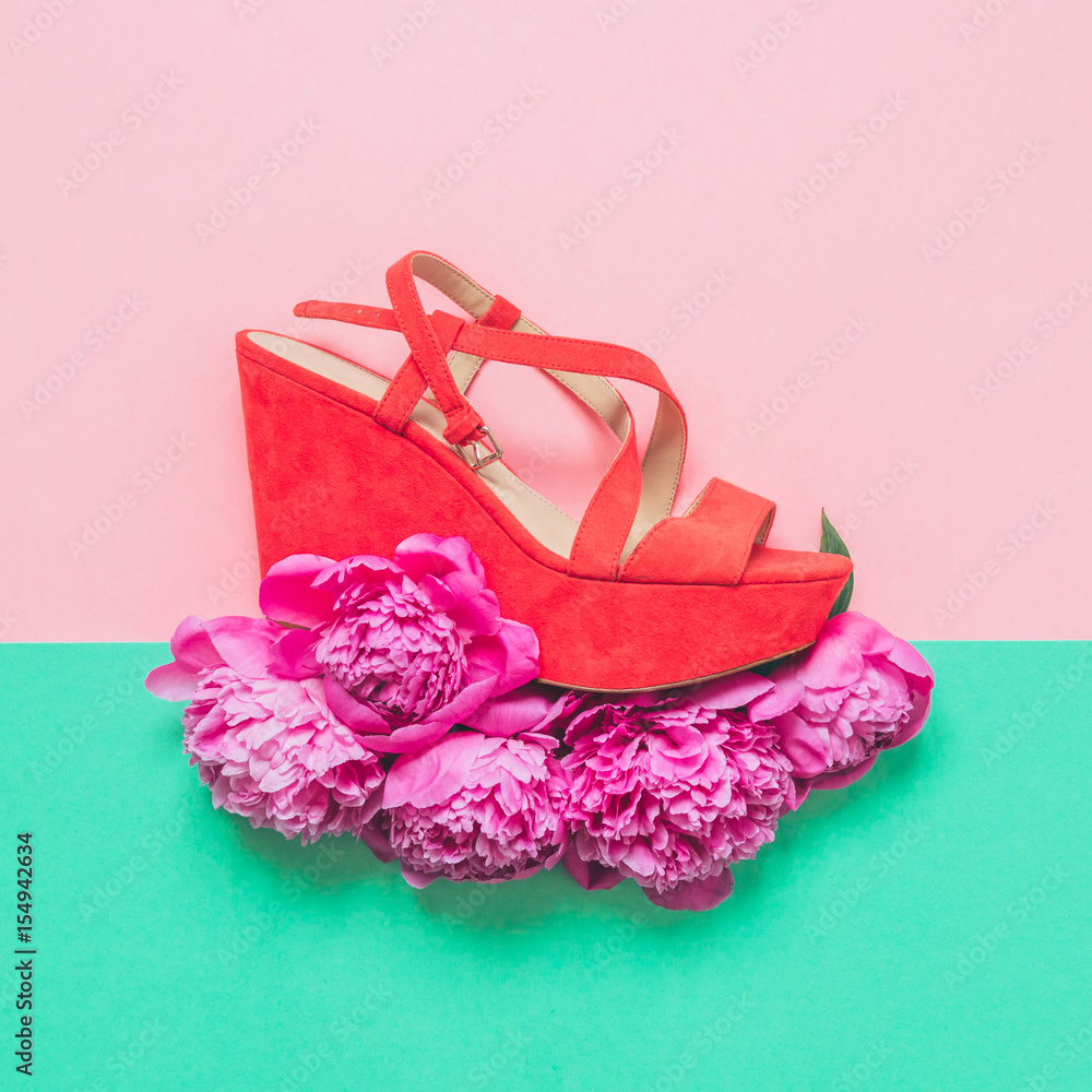 womens shoes with heels in coral color is on flowers like on the