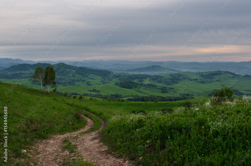 Fototapeta premium Landscape with country road to the valley in the spring foothills at fields with green grass of Altai mountains under sunset cloudy sky, Siberia, Russia