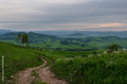 Wallpaper Mural Landscape with country road to the valley in the spring foothills at fields with green grass of Altai mountains under sunset cloudy sky, Siberia, Russia Torontodigital.ca