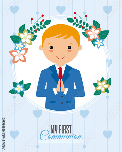 Invitation my first communion. Boy praying inside a flower frame