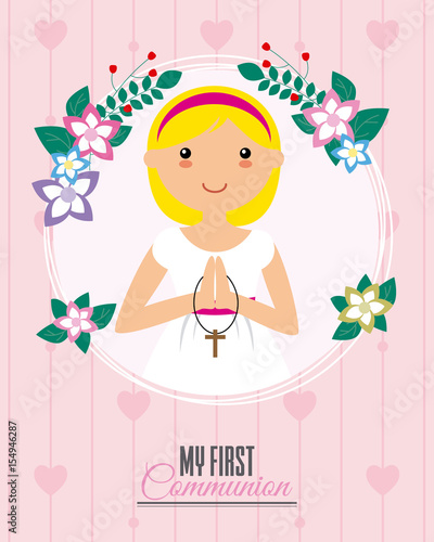 Invitation my first communion. Girl praying inside a flower frame