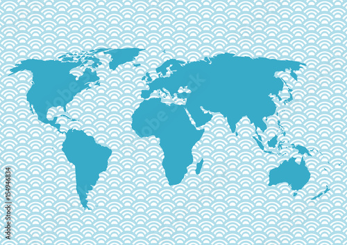 青色の世界地図と青海波模様イラスト