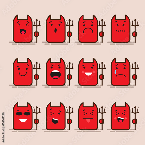 Set of 12 modern flat emoticons: devil, monster, lucifer smile, sadness and other emotions. Vector illustration isolated of color background.