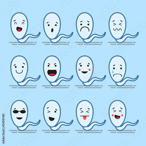 Set of 12 modern flat emoticons: sperm, smile, sadness and other emotions. Vector illustration isolated of color background.