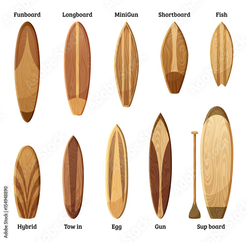 Different sizes and designs of wood surfboards isolate on white background. Vector illustration