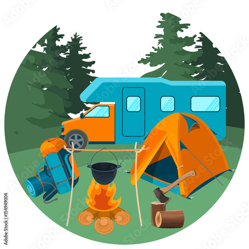 Caravan in forest with picnic equipment. Accessories for camping rest