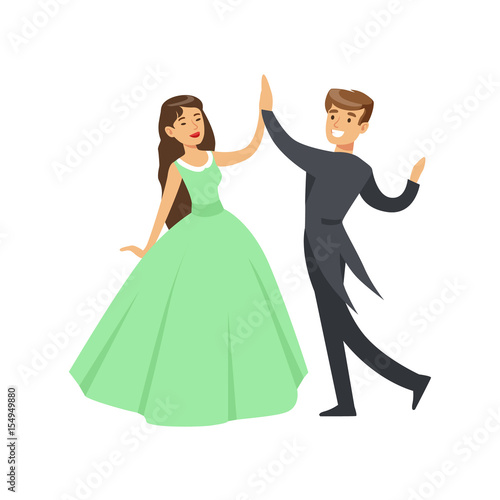 A woman in a ball dress and a man in a frock coat dancing ballroom dance colorful character vector Illustration