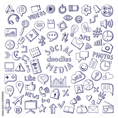 Social media hand drawn icons set. Computer and network doodle vector illustrations