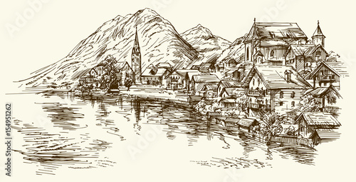 Austria, rural village. Hand drawn illustration.