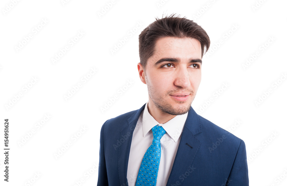 Closeup portrait of professional salesman in blue suit Closeup portrait of professional salesman in blue suit