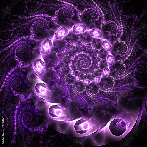 Abstract fantastic spiral design with purple metallic shapes on black background. Digital fractal artwork. 3D rendering.