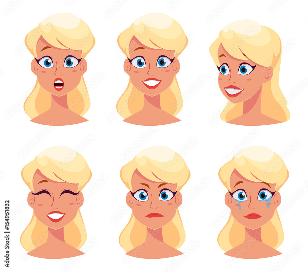 Young pretty woman, cute girl with different face expressions. Cartoon beautiful character. Avatar business woman. Vector illustration. Young pretty woman, cute girl with different face expressions. Cartoon beautiful character. Avatar business woman. Vector illustration.
