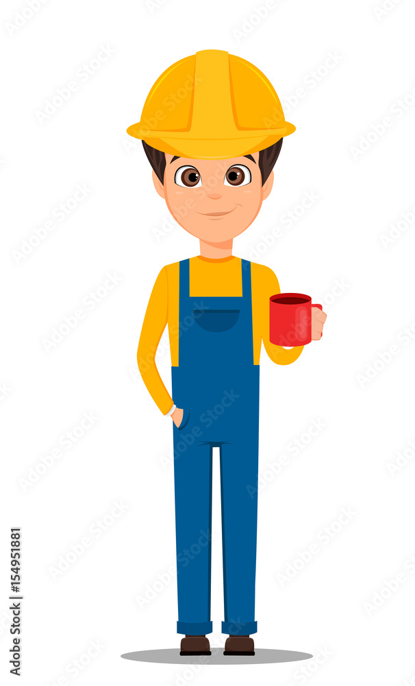 Constructor worker. Handsome builder holding cup of coffee. Cute cartoon character. Vector illustration.