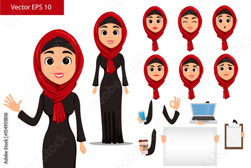 Arabic woman constructor set. Cute cartoon character with various face expressions and things. Stock vector