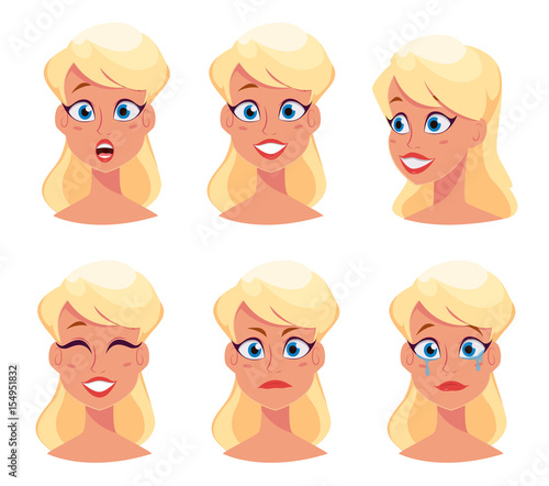 Young pretty woman, cute girl with different face expressions. Cartoon beautiful character. Avatar business woman. Vector illustration.