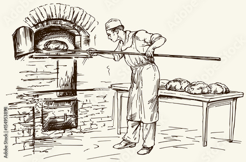 Baker taking out with shovel bread from the oven, vector illustration.