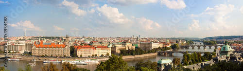Panoramic view of the historic center of Prague with Charles bridge on Vltava river, the Baroque Saint Nicholas Church, the Gothic Church of Our Lady before Tyn and Zizkov Television Tower