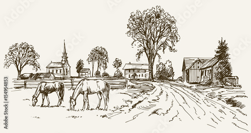 Vintage view of New England farm with horses, hand drawn vector illustration.