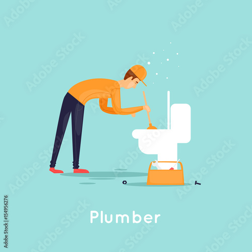 Plumber repair sewer. Flat design vector illustration.