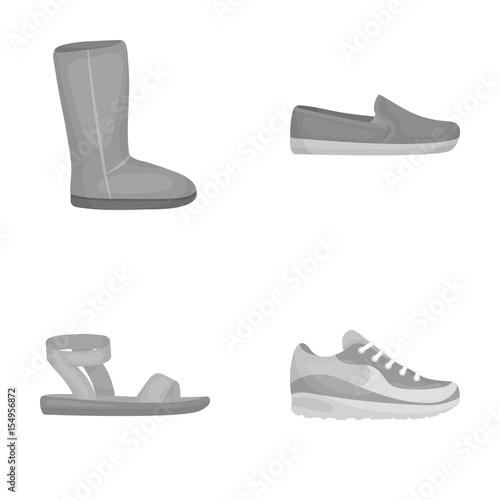 Beige ugg boots with fur, brown loafers with a white sole, sandals with a fastener, white and blue sneakers. Shoes set collection icons in monochrome style vector symbol stock illustration web.