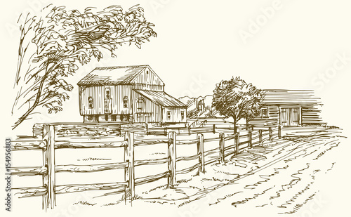 Vintage landscape, New England farm, hand drawn vector illustration.