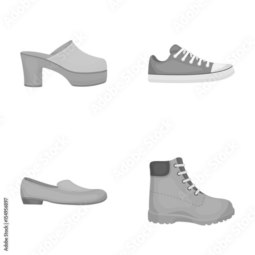 Flip-flops, clogs on a high platform and heel, green sneakers with laces, female gray ballet flats, red shoes on the tractor sole. Shoes set collection icons in monochrome style vector symbol stock