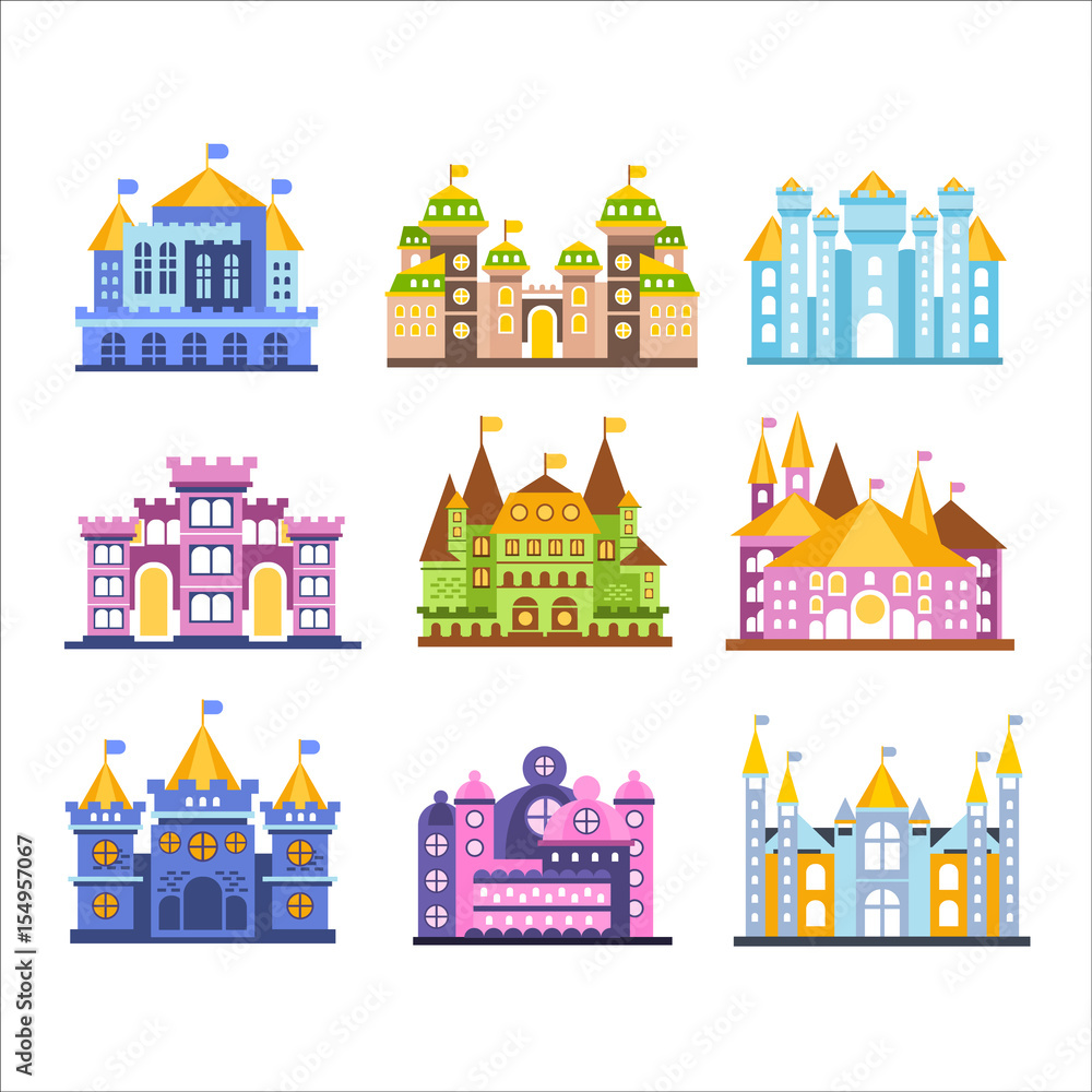 Colorful castles and mansions set. Collection of medieval buildings vector Illustrations