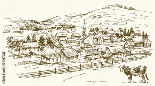 Vintage landscape, New England farm, hand drawn vector illustration.