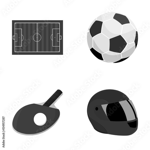 Field, stadium with markings for playing football, football ball, racket with a ball for ping-pong, protective helmet for the game,glove for baseball or rugby. Sport set collection icons in monochrome photo